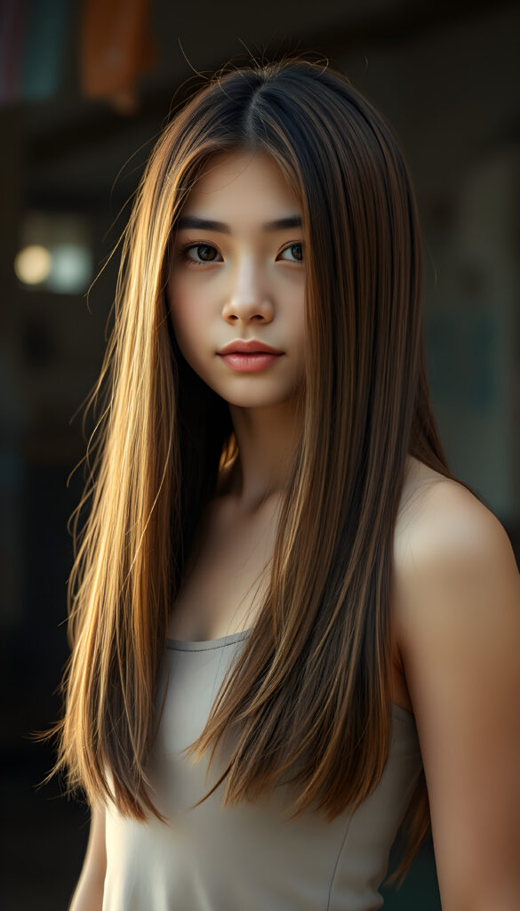 a upper portrait from a cute filipino girl with straight, open soft chestnut-brown hair with golden highlights, same length right and left, her hair falls down to her body, stunning, gorgeous, perfect female curved body, belly button, short tank top