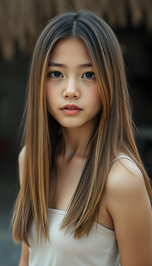 a upper portrait from a cute filipino girl with straight, open soft chestnut-brown hair with golden highlights, same length right and left, her hair falls down to her body, stunning, gorgeous, perfect female curved body, belly button, short tank top
