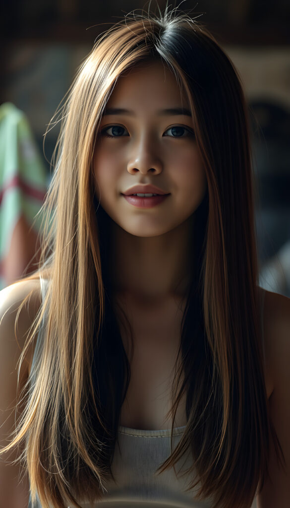 a upper portrait from a cute filipino girl with straight, open soft chestnut-brown hair with golden highlights, same length right and left, her hair falls down to her body, stunning, gorgeous, perfect female curved body, belly button, short tank top