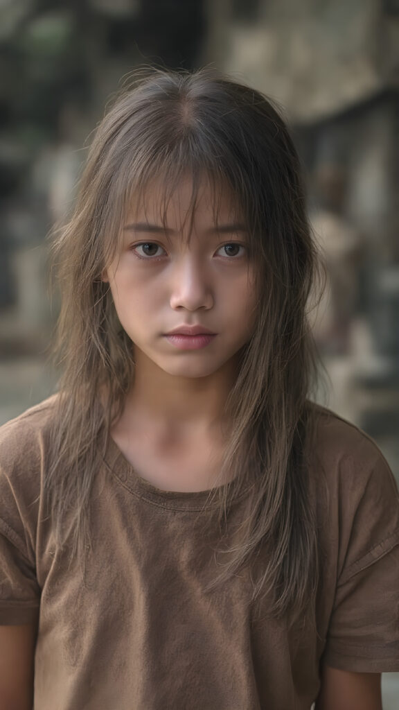 a very adult Asian tomboy girl, light brown hair, stand alone, straight messy wet hair, wet skin, looks sadly at the camera, she is looking for help, detailed hair, angelic face, full body, in the street, poor dressed in a tattered brown t-shirt, dirty, vietnamese style