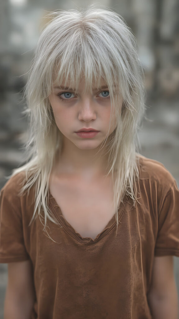 a very adult tomboy girl, white hair, stand alone, straight messy wet hair, wet skin, looks sadly at the camera, detailed hair, angelic face, full body, in the street, poor dressed in a tattered brown t-shirt, dirty