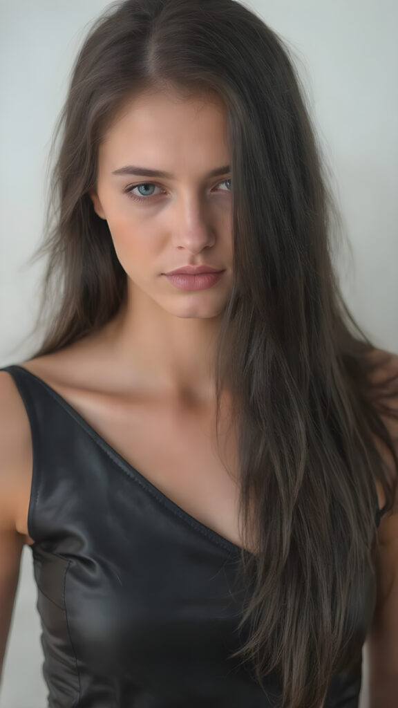a (((very beautiful, young woman))), age 25, with (((long, flowing black hair))), (((extremely slender and lean muscles and bones))) that give her an ethereal appearance, dressed in a (((full-body sleek black leather dress))) that make her hands and wrists look even more elegant and sophisticated
