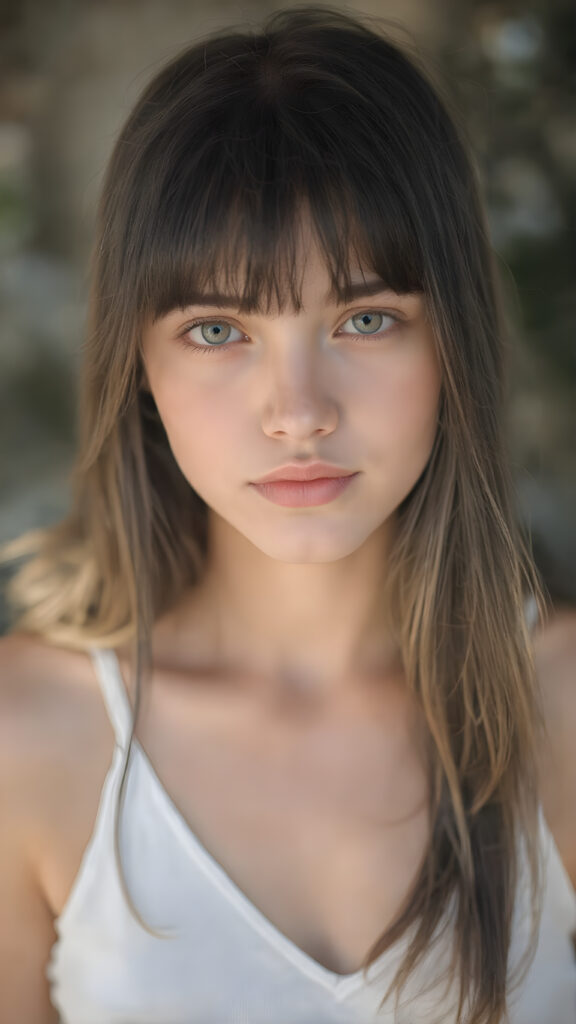 a very beautiful, youthful, pretty and attractive ((well busty teen girl)), with delicate, (long straight black soft hair) with bangs cut, ((natural light skin)), and (((bright white) toned skin on her face and delicate light ((cheeks)), accompanied by ((full lips). (((The girl wears a, ((white short tank top, deep v-neck)), stands in a (natural, bright light) backdrop, with ((no artificial light)) and the sun's rays are reflected from her face, creating a ethereal glow. The image gives a 15-year-old girl a sense of innocence and natural beauty.
