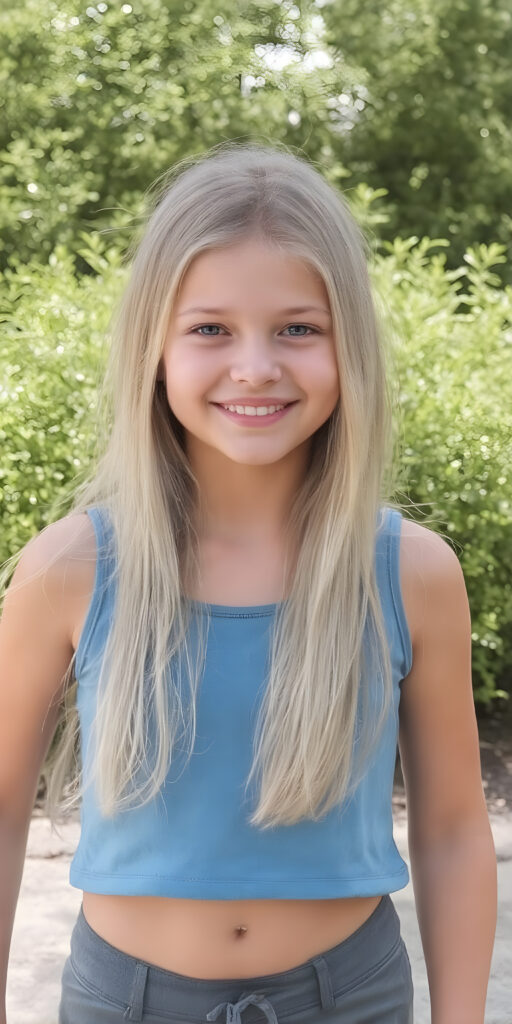 a very nice young girl dressed in a blue tank top, long straight blond hair, smile, sunny green backdrop, view from the front