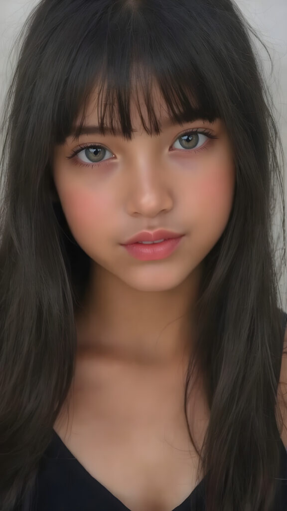 a (((very young, petite and cute teen girl))), with ((super long, jet black hair, straight and smooth hair, with bangs)), that softly floats in the air and cascades down her back in a sleek, sexy and sophisticated ((black mini low-cut v-neck tank top)) with a sheer, shimmering and alluring finish. Her cheeks are rosy with happiness, her eyes sparkle like emeralds, giving off an innocent yet playful vibe.