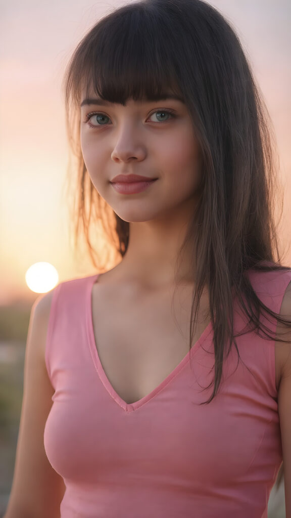 a (((very young, petite and cute busty teen e-girl))), with ((long, jet black hair, straight and smooth hair, with bangs)), that softly floats in the air and cascades down her back in a sleek, sexy and sophisticated ((pink mini low-cut v-neck T-shirt)) with a sheer, shimmering and alluring finish. Her cheeks are rosy with happiness, her eyes sparkle like emeralds, giving off an innocent yet playful vibe. The scene exudes a youthful, happy and sexy atmosphere, perfect for a summer day with a special emphasis on the sensual power of a warm, inviting sun