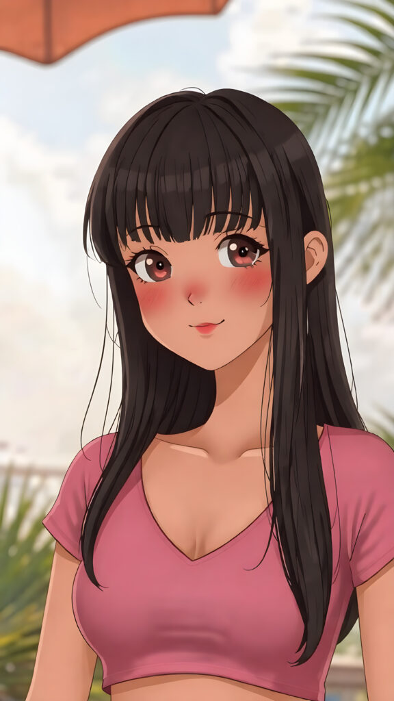 a (((very young, petite and cute busty teen e-girl))), with ((long, jet black hair, straight and smooth hair, with bangs)), that softly floats in the air and cascades down her back in a sleek, sexy and sophisticated ((pink mini low-cut v-neck T-shirt)) with a sheer, shimmering and alluring finish. Her cheeks are rosy with happiness, her eyes sparkle like emeralds, giving off an innocent yet playful vibe. The scene exudes a youthful, happy and sexy atmosphere, perfect for a summer day with a special emphasis on the sensual power of a warm, inviting sun