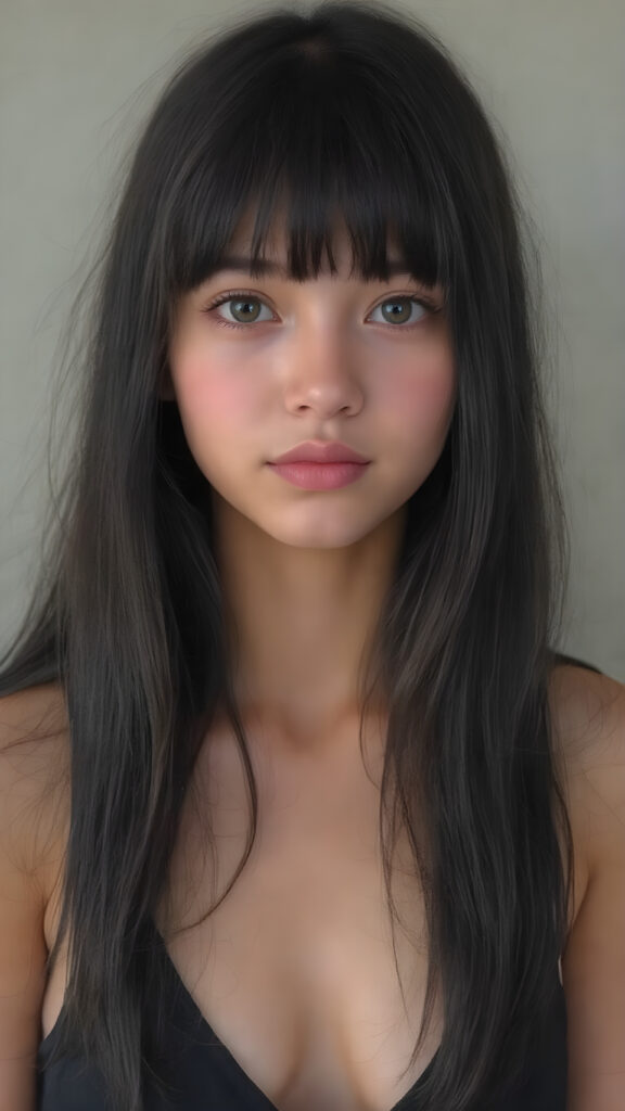 a (((very young, petite and cute teen girl))), with ((super long, jet black hair, straight and smooth hair, with bangs)), that softly floats in the air and cascades down her back in a sleek, sexy and sophisticated ((black mini low-cut v-neck tank top)) with a sheer, shimmering and alluring finish. Her cheeks are rosy with happiness, her eyes sparkle like emeralds, giving off an innocent yet playful vibe.