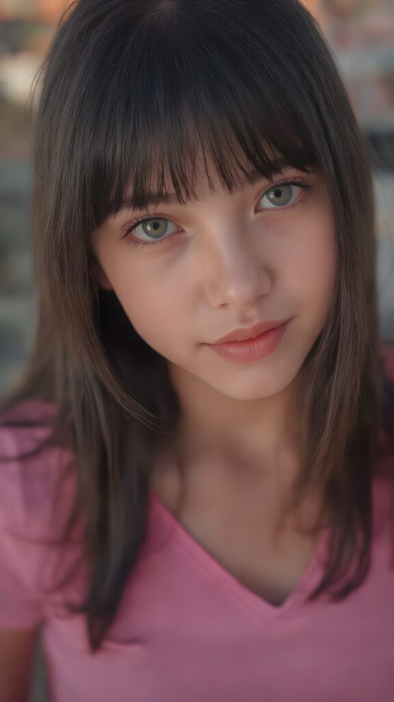a (((very young, petite and cute busty teen e-girl))), with ((long, jet black hair, straight and smooth hair, with bangs)), that softly floats in the air and cascades down her back in a sleek, sexy and sophisticated ((pink mini low-cut v-neck T-shirt)) with a sheer, shimmering and alluring finish. Her cheeks are rosy with happiness, her eyes sparkle like emeralds, giving off an innocent yet playful vibe. The scene exudes a youthful, happy and sexy atmosphere, perfect for a summer day with a special emphasis on the sensual power of a warm, inviting sun
