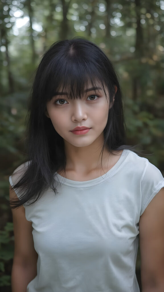 a (((vividly captured moment))) where a (((Korean cute young adult girl))), with straight jet-black hair bangs stands confidently, upper body portrait, exuding natural beauty. Her skin is flawless, with a slight translucency that adds to her overall appearance. She's dressed in a ((white sleeveless tattered and ripped green t-shirt)) that perfectly complements her youthful appearance. The shirt, which is cut short, accentuates her toned figure, highlighting her full body in a softly detailed pose. Her eyes are perfectly detailed and add to her overall allure. The scene is set against a backdrop of a (natural, nighttime forest) that completes this truly unforgettable moment.