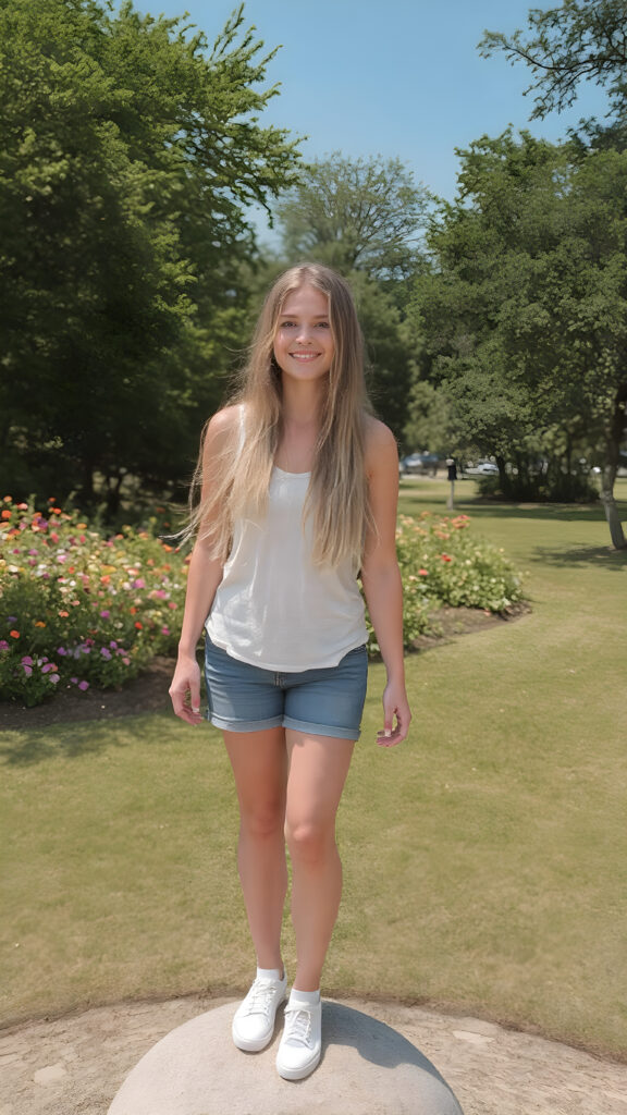 a vividly captured moment featuring a carefree and joyful (((adult teen girl))) with long, straight blond hair, exuding an air of freedom and playfulness, as she stands confidently on a (((stone ball))), framed by a backdrop of a sunny park dotted with verdant foliage and (colorful flowers) blooming across the landscape. Her joyful expression reflects in the bright summer light, creating a warm and inviting atmosphere, white tank top, short denim jeans and white shoes