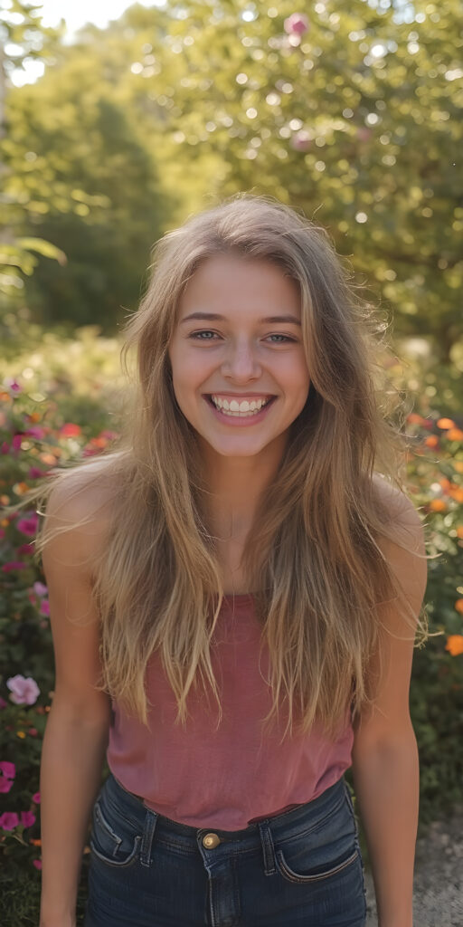 a vividly captured moment featuring a carefree and joyful (((adult teen girl))) with long, straight blond hair, exuding an air of freedom and playfulness, as she stands confidently, framed by a backdrop of a sunny park dotted with verdant foliage and (colorful flowers) blooming across the landscape. Her joyful expression reflects in the bright summer light, creating a warm and inviting atmosphere