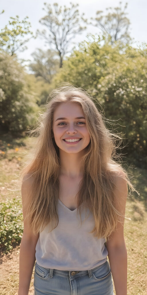 a vividly captured moment featuring a carefree and joyful (((adult teen girl))) with long, straight blond hair, exuding an air of freedom and playfulness, as she stands confidently, framed by a backdrop of a sunny park dotted with verdant foliage and (colorful flowers) blooming across the landscape. Her joyful expression reflects in the bright summer light, creating a warm and inviting atmosphere
