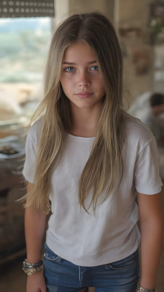 a vividly drawn (((full length body portrait))), featuring a beautiful young girl with flowing straight hair and piercing blue eyes, dressed in a sleek white t-shirt and (realistic jeans shorts), accessorized with intricate bracelets and earrings. The scene exudes a distinctly retro 90's vibe, reminiscent of classic studio photos from the era, capturing a timeless sense of nostalgia. Her face has a warm, inviting smile, perfectly capturing the essence of youthful beauty. (((straight hair))) ((blue eyes)) (((full body)))
