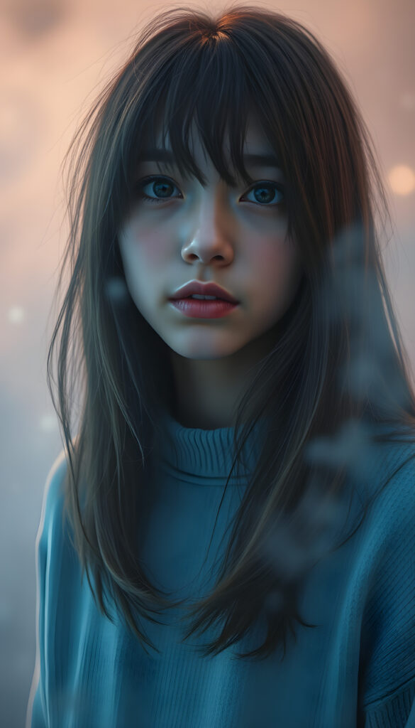 a whimsically illustrated (brown-skinned teen emo girl) with cascading, gently waving (straight hair) framed by playful side bangs, illuminated by a mesmerizing iridescent light blue complexion that subtly glimmers, her eyes reflecting a profound sense of melancholy and emotional detachment, surrounded by ethereal wisps of fog that dance in the softly fogy (backdrop), reminiscent of a surreal dreamscape, hinting at an otherworldly atmosphere, she wears a light blue sweater made of super fine wool