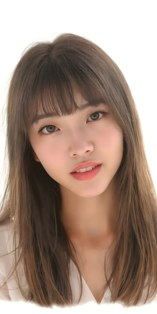 a (((wonderful, detailed hand drawing))) show (((beautiful, thoughtful and expressive cute adult Asian girl))), with (((softly curved long brown straight hair, bangs))), natural (looking) light green eyes, and (delicate yet defined cheekbones), poised in a (seductively thoughtful pose) with a ((flawlessly matching set of pearly white teeth)) and elegantly draped ((natural looking)) light sheer draped garments, ((completely covering her front and back, and perfectly shaped to convey a sense of natural beauty)), against a (natural looking, detailed white backdrop), head is centered