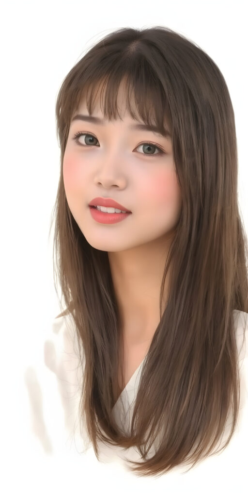 a (((wonderful, detailed hand drawing))) show (((beautiful, thoughtful and expressive cute adult Asian girl))), with (((softly curved long brown straight hair, bangs))), natural (looking) light green eyes, and (delicate yet defined cheekbones), poised in a (seductively thoughtful pose) with a ((flawlessly matching set of pearly white teeth)) and elegantly draped ((natural looking)) light sheer draped garments, ((completely covering her front and back, and perfectly shaped to convey a sense of natural beauty)), against a (natural looking, detailed white backdrop), head is centered