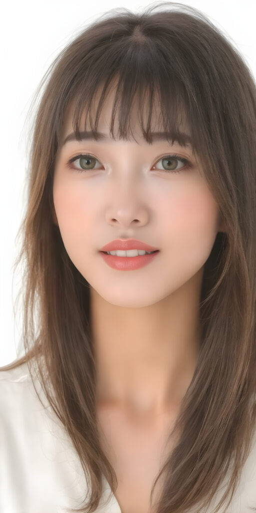 a (((wonderful, detailed hand drawing))) show (((beautiful, thoughtful and expressive cute adult Asian girl))), with (((softly curved long brown straight hair, bangs))), natural (looking) light green eyes, and (delicate yet defined cheekbones), poised in a (seductively thoughtful pose) with a ((flawlessly matching set of pearly white teeth)) and elegantly draped ((natural looking)) light sheer draped garments, ((completely covering her front and back, and perfectly shaped to convey a sense of natural beauty)), against a (natural looking, detailed white backdrop), head is centered