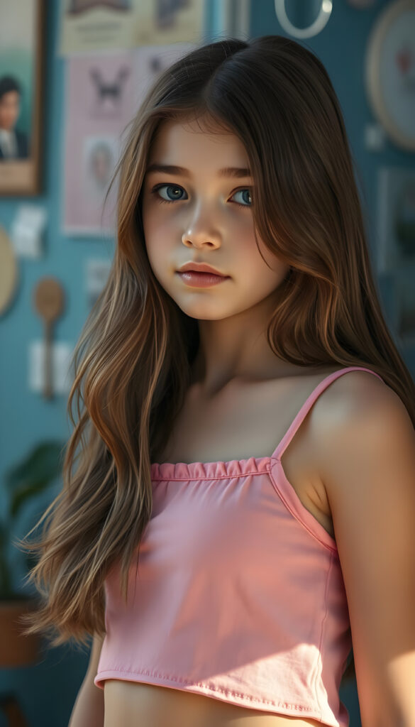 a wonderfully (((detailed painted scene))), portraying a youthful young teen girl, dressed in a short cropped pink camisole, exuding a playful whimsy that is accented by vivid pastel tones that bring each intricate detail into sharp relief, achieving a stunning (8K resolution) that is both crisp and clear, capturing a level of realism that is truly endearing, long straight brown wavy hair