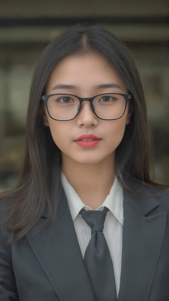 a young Asian woman in a business suit, including a white shirt, tie, long black straight hair, red full plump lips, black thin glasses