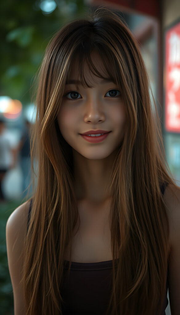 a young Japanese teen girl stands in front of the viewer. She has long brown hair with golden highlights and deep black eyes, warm smile, very happy, she is very thin and short dressed in a cropped tank top, ((stunning)) ((gorgeous)) ((upper body portrait))