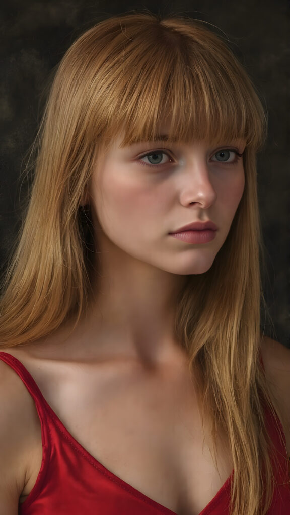 a young Victorian girl with straight ginger color very long slick-back soft hair, wearing a short red silk tank top, deep v-neck, view from the front