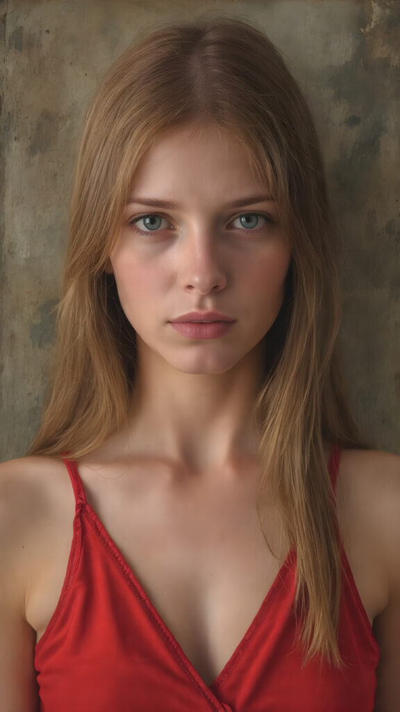 a young Victorian girl with straight ginger color very long slick-back soft hair, wearing a short red silk tank top, deep v-neck, view from the front