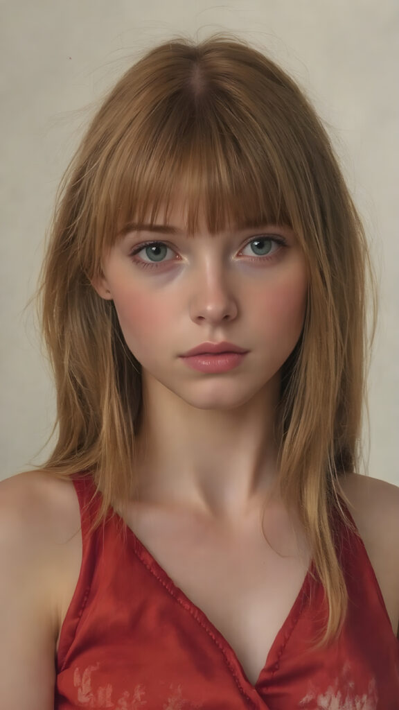 a young Victorian girl with straight ginger color very long slick-back soft hair, wearing a short red silk tank top, deep v-neck, view from the front