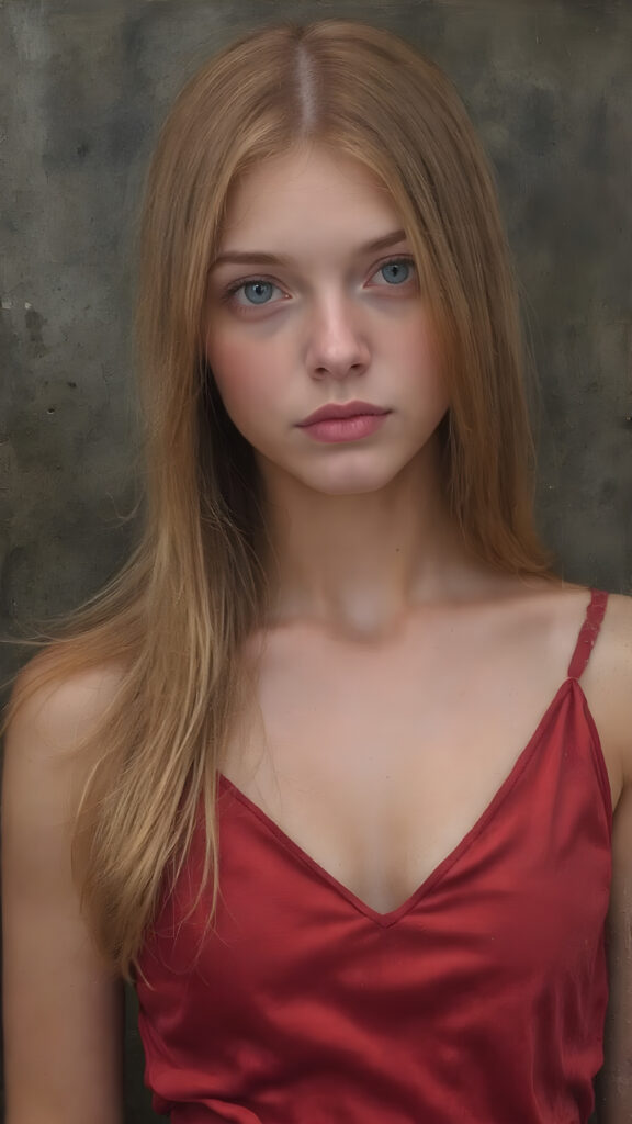 a young Victorian girl with straight ginger color very long slick-back soft hair, wearing a short red silk tank top, deep v-neck, view from the front