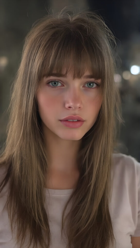 a young adult girl, dressed in light t-shirt, with ((long soft straight brown hair, bangs)), green eyes, gentle face, detailed portrait, realistic, stunning, gorgeous, round face, full kissable lips, seductive look, provocative, night in backdrop