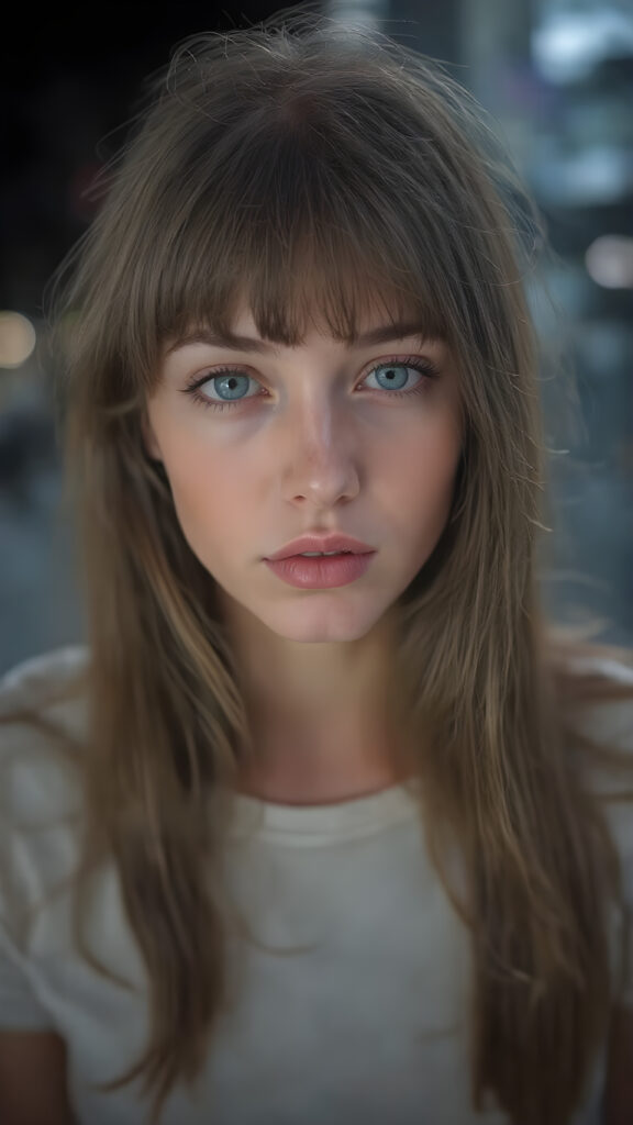 a young adult girl, dressed in light t-shirt, with ((long soft straight brown hair, bangs)), green eyes, gentle face, detailed portrait, realistic, stunning, gorgeous, round face, full kissable lips, seductive look, provocative, night in backdrop