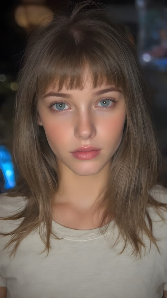 a young adult girl, dressed in light t-shirt, with ((long soft straight brown hair, bangs)), green eyes, gentle face, detailed portrait, realistic, stunning, gorgeous, round face, full kissable lips, seductive look, provocative, night in backdrop