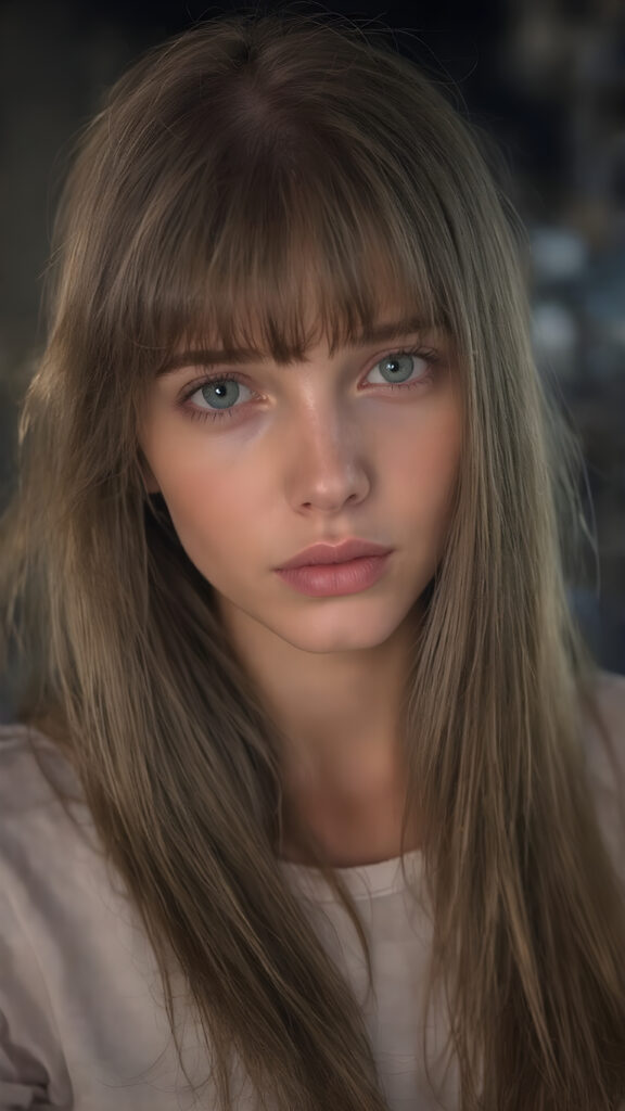 a young adult girl, dressed in light t-shirt, with ((long soft straight brown hair, bangs)), green eyes, gentle face, detailed portrait, realistic, stunning, gorgeous, round face, full kissable lips, seductive look, provocative, night in backdrop
