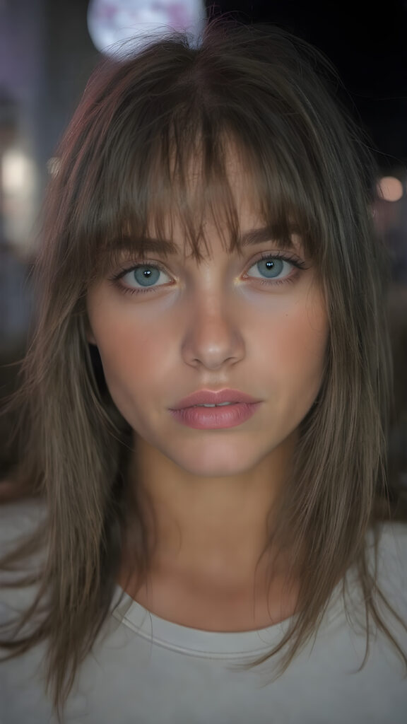 a young adult girl, dressed in light t-shirt, with ((long soft straight brown hair, bangs)), green eyes, gentle face, detailed portrait, realistic, stunning, gorgeous, round face, full kissable lips, seductive look, provocative, night in backdrop