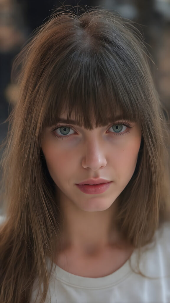 a young adult girl, dressed in light t-shirt, with ((long soft straight brown hair, bangs)), green eyes, gentle face, detailed portrait, realistic, stunning, gorgeous, round face, full kissable lips, seductive look, provocative, night in backdrop