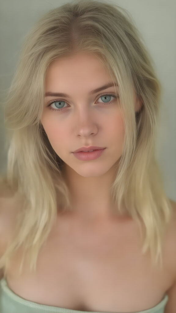 a young adult tomboy girl, dressed in green light short cropped tank top, perfect curved body, with ((long neon light green soft hair)), green eyes, gentle face, upper body, belly button, busty