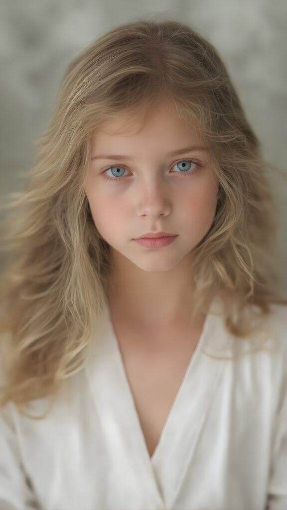 a young, beautiful girl with long, wavy, soft golden and brown hair. She resembles an angel, without wings. A wonderful aura surrounds the girl and conjures up a fantastic atmosphere; she is wearing a thin, white robe