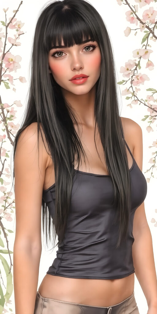 a (((young busty adult girl))), with long, straight, thick, jet, shiny black hair, bangs cut frame her face, wearing a (((high cut, tight, spaghetti tank top))), posing perfect, ((accentuating her ((navel)) and (soft, youthful thighs))), (((full body side view))) ((natural spring backdrop))