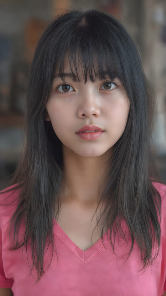 a (((young cute Asian girl with a gentle and round soft face))), (((soft, super very long, straight black hair)), framing her face in bangs cut), detailed face. She's clad in a (((short T-shirt, deep v-neck, in bright pink color)), with (((silver skin))), under a (((warm, soft, natural light))), (((gentle shadows))), and (((extremely detailed, hyper realistic full lips))), ((she stands in front of the viewer and looks up))