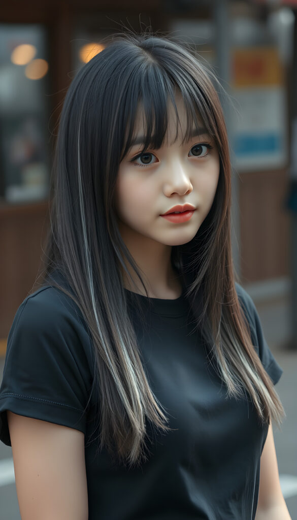 a young cute Korean girl with open, straight soft black hair and white fine strands, bangs cut, same length right and left, silver skinned, falling down to her body, she has round, shiny eyes, full plump lips, seductive, stunning, gorgeous, she is wearing a black plain t-shirt