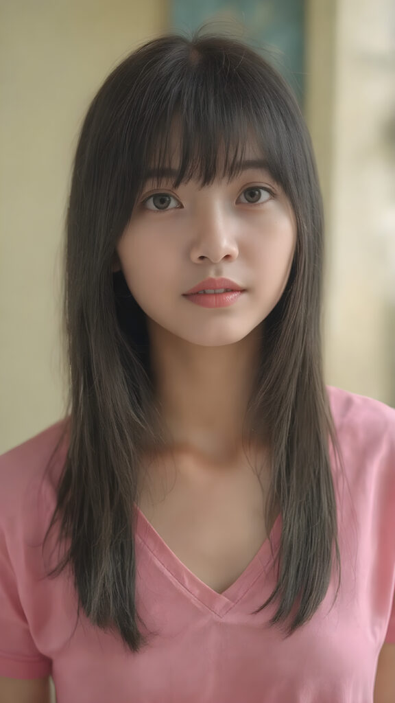 a (((young cute Asian girl with a gentle and round soft face))), (((soft, super very long, straight black hair)), framing her face in bangs cut), detailed face. She's clad in a (((short T-shirt, deep v-neck, in bright pink color)), with (((silver skin))), under a (((warm, soft, natural light))), (((gentle shadows))), and (((extremely detailed, hyper realistic full lips))), ((she stands in front of the viewer and looks up))