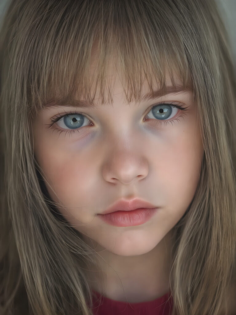 a young detailed and realistic adult tomboy girl with long soft super straight hair and bangs frame her round face, sweet face, she smells of strawberries, close up