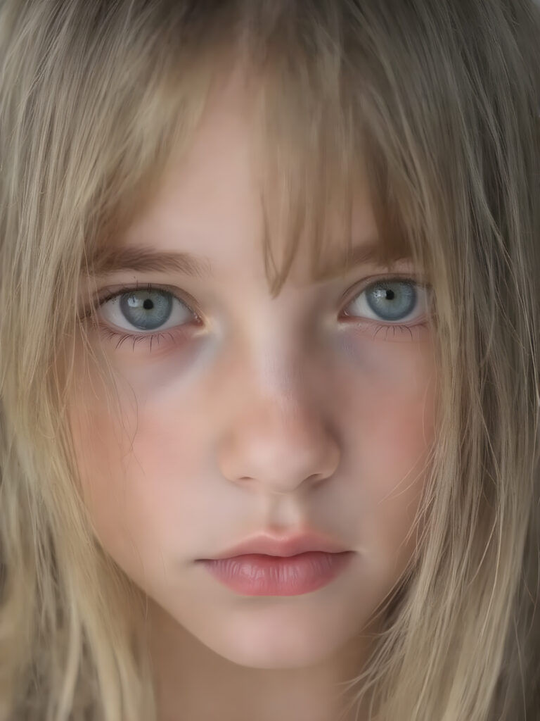 a young detailed and realistic adult tomboy girl with long soft super straight hair and bangs frame her round face, sweet face, she smells of strawberries, close up