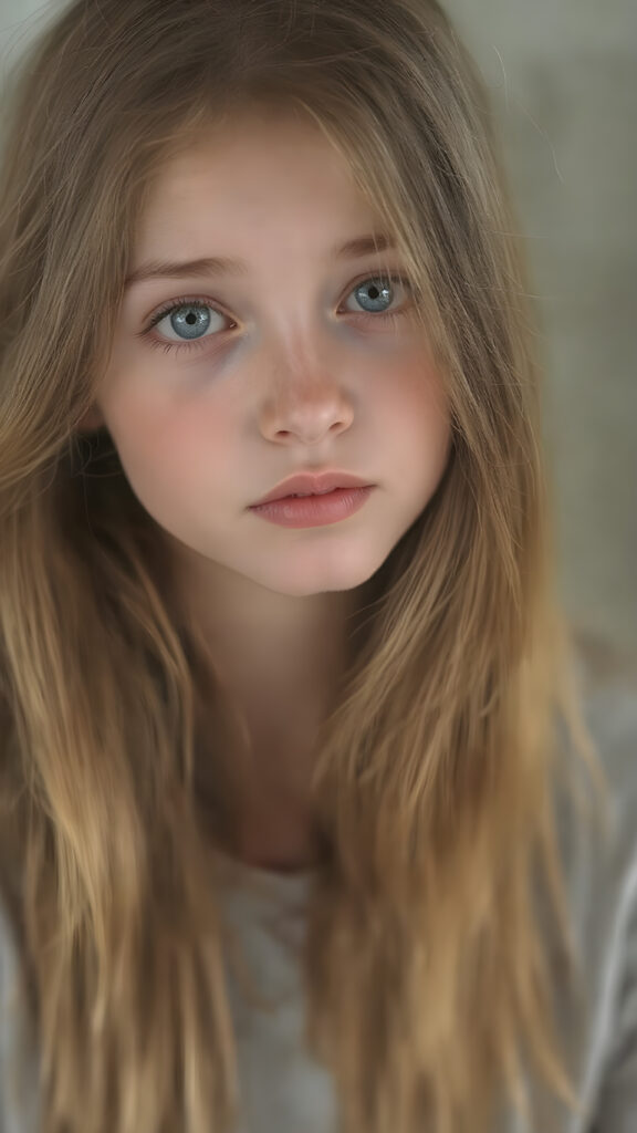 a young detailed and realistic adult tomboy girl with super long and straight soft amber hair, sweet round face and deep blue realistic eyes