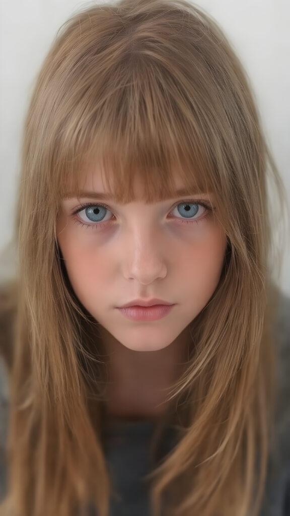 a young detailed and realistic adult tomboy girl with super long and straight soft amber hair, sweet round face and deep blue realistic eyes