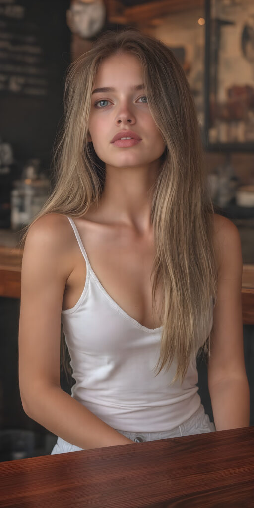 a young, elegantly thin and short dressed young teen girl, tank top, in white, sits at woody table in a modern bar, deep v-neck, busty, her long, straight hair falling gently over her