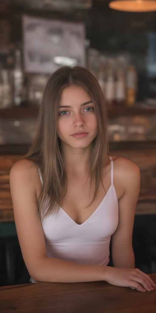 a young, elegantly thin and short dressed young teen girl, tank top, in white, sits at woody table in a modern bar, deep v-neck, busty, her long, straight hair falling gently over her upper body