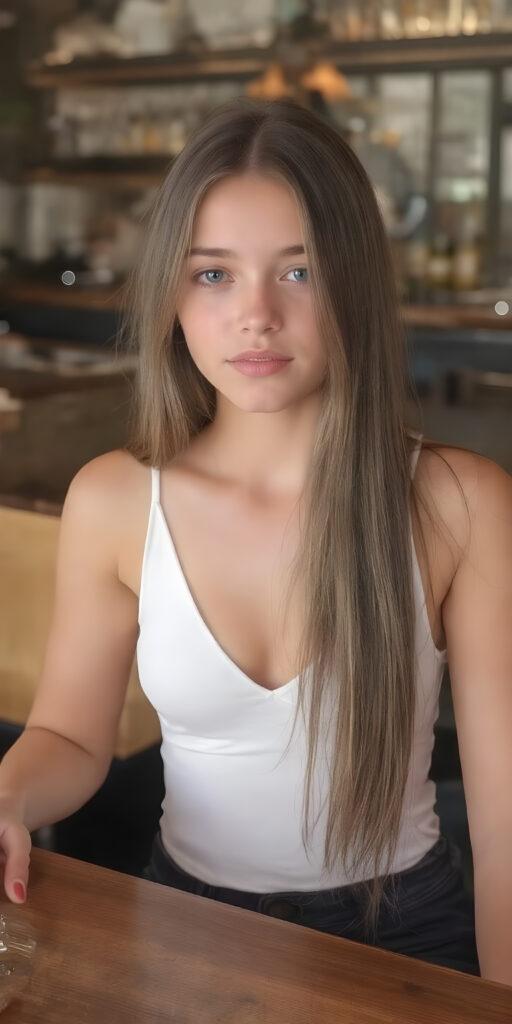 a young, elegantly thin and short dressed young teen girl, tank top, in white, sits at woody table in a modern bar, deep v-neck, busty, her long, straight hair falling gently over her upper body