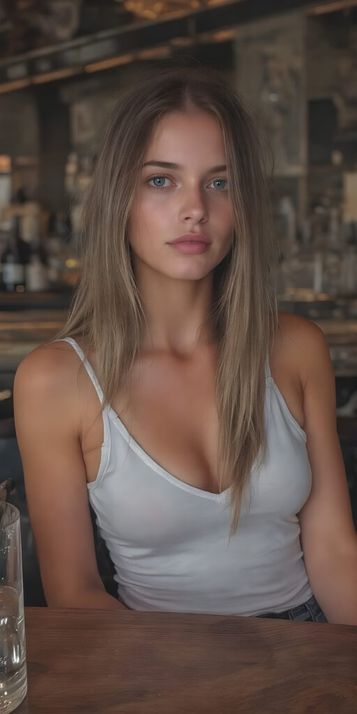 a young, elegantly thin and short dressed young teen girl, tank top, in white, sits at woody table in a modern bar, deep v-neck, busty, her long, straight hair falling gently over her