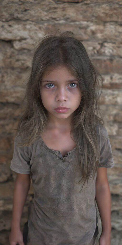 a young girl, barely dressed in torn clothes, poor, looking sadly at the viewer, long, dirty long messy hair, full lips, round face, tattered short grey t-shirt, full body, stand in front of viewer, all against a brick wall